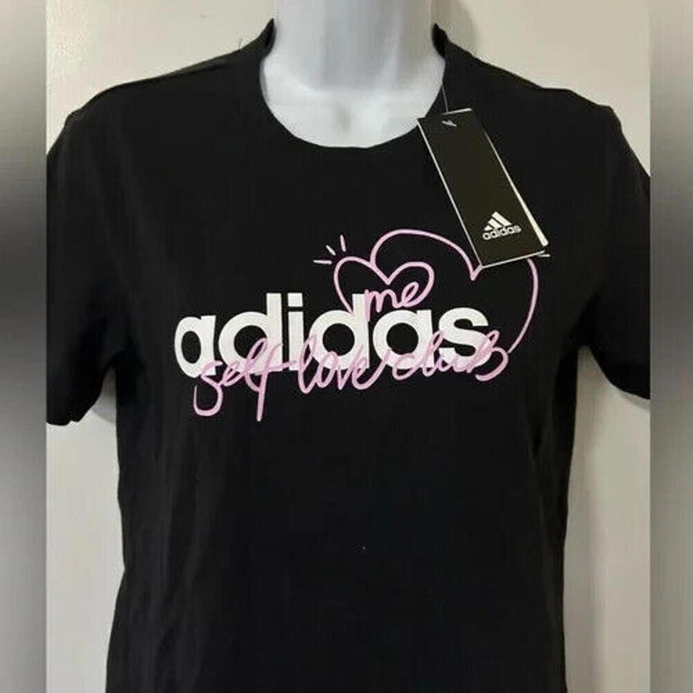 New Adidas Women's Self Love Club T-Shirt. Size: S, Color: Black/Pink - Picture 4 of 4